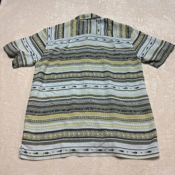 Quiksilver Waterman Mens Button Down Shirt Large Blue Fish Tribal Comfort Fit - Picture 7 of 10